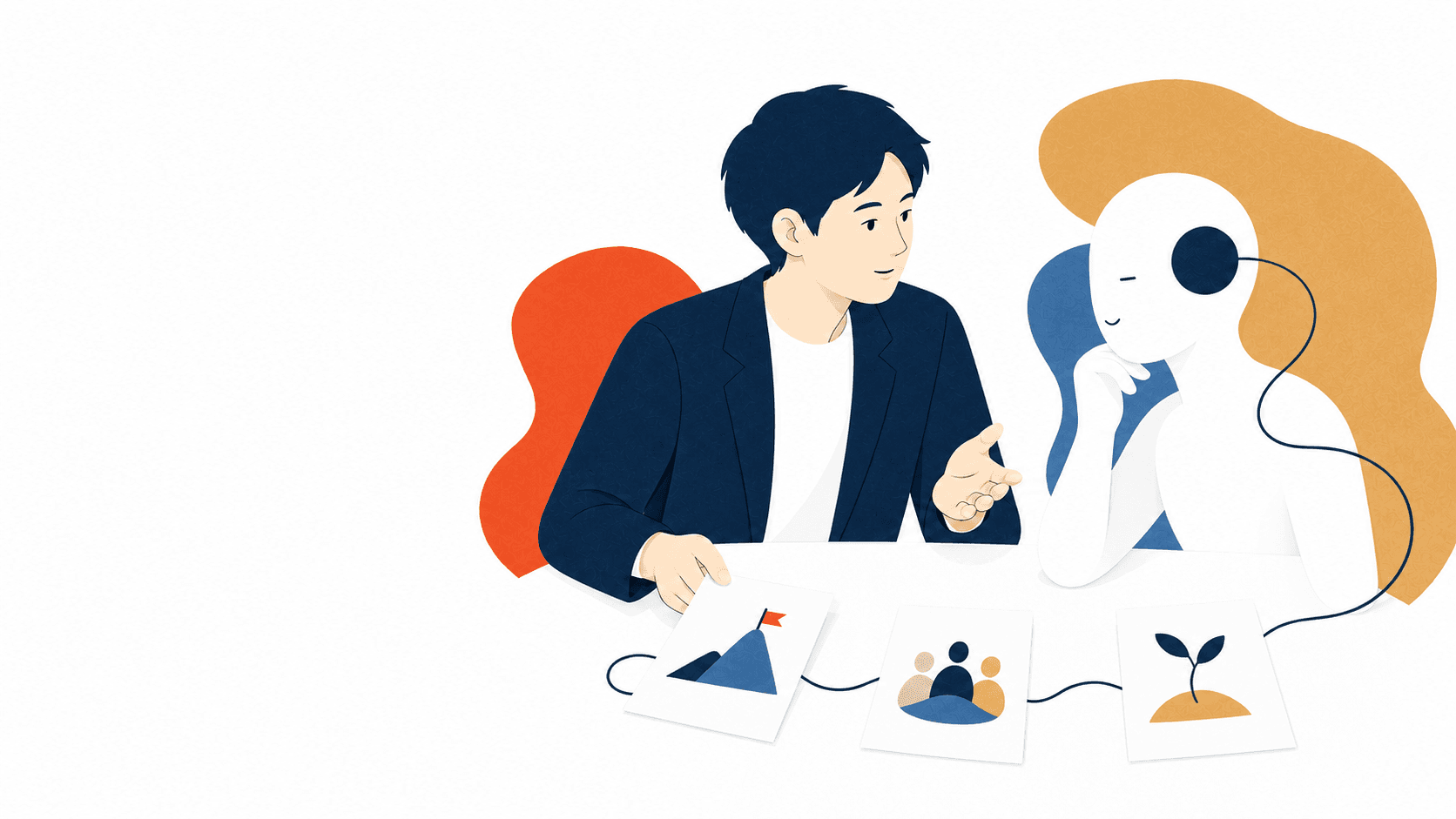 ビジネスパーソンとAIが対話しながらキャリアを整理する様子